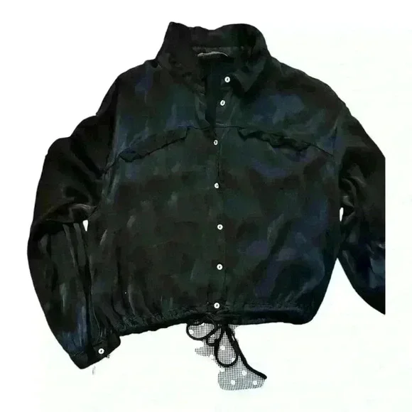 Zara black satin-like long sleeve button down top with drawstring, size M - Picture 6 of 6